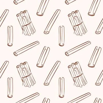Seamless pattern with hand drawn cinnamon stick in brown line art style. Perfect Stock Illustration