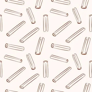 Seamless pattern with hand drawn cinnamon stick in brown line art style. Perfect Stock Illustration