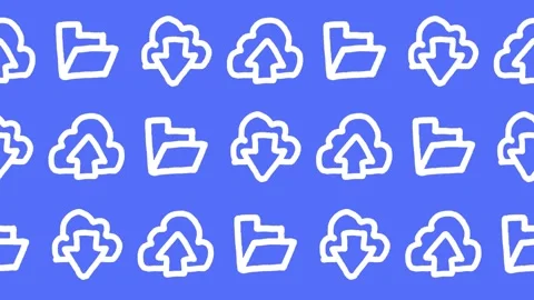 Seamless pattern of hand-drawn cloud upload, download, and open folder icons Stock Footage 336150668