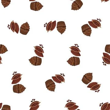 Seamless pattern with hand drawn cocoa beans and pods vector illustration. Stock Illustration