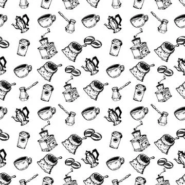 Seamless pattern with hand drawn coffee design elements. For poster, flyer, c 库存插图