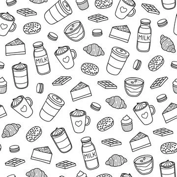 Seamless pattern with hand drawn coffee and desserts. Stock Illustration