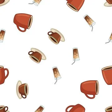 Seamless pattern with hand drawn coffee cups and iced coffee glasses on whi.. Stock Illustration