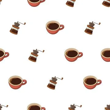 Seamless pattern with hand drawn coffee cups and vintage coffee grinders on.. Stock Illustration