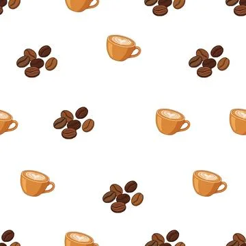 Seamless pattern with hand drawn coffee cups and roasted coffee beans on wh.. Stock Illustration