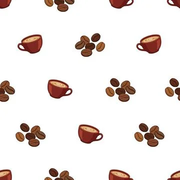 Seamless pattern with hand drawn coffee cups and roasted coffee beans on wh.. Stock Illustration