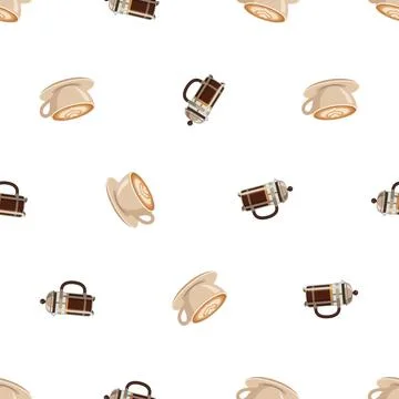 Seamless pattern with hand drawn coffee cups and french press coffee makers.. Illustrazione stock