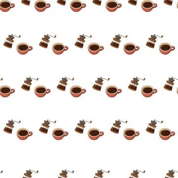 Seamless pattern with hand drawn coffee cups and vintage grinders on white .. Stock Illustration