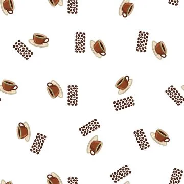 Seamless pattern with hand drawn coffee cups and roasted coffee beans on wh.. Stock Illustration