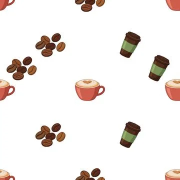Seamless pattern with hand drawn coffee cups and roasted beans on white bac.. Stock Illustration