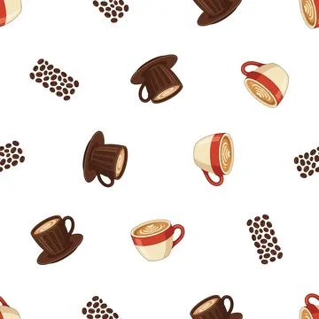 Seamless pattern with hand drawn coffee cups and roasted coffee beans on wh.. Stock Illustration