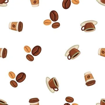 Seamless pattern with hand drawn coffee cups and roasted beans on white bac.. Stock Illustration