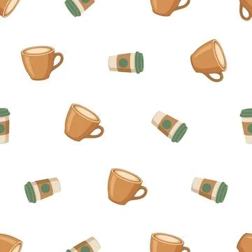 Seamless pattern with hand drawn coffee cups and takeaway mugs on white bac.. Stock Illustration