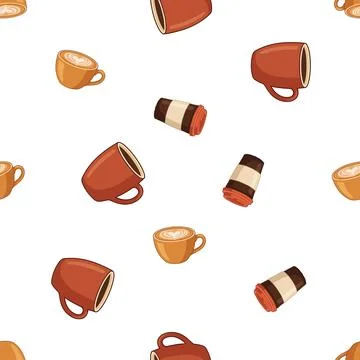 Seamless pattern with hand drawn coffee cups and mugs on white background. Stock Illustration