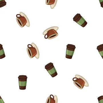 Seamless pattern with hand drawn coffee cups and takeaway mugs on white bac.. Illustrazione stock
