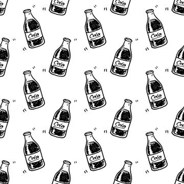 Seamless pattern hand drawn cola bottle. Doodle black sketch. Sign symbol. De Stock Illustration