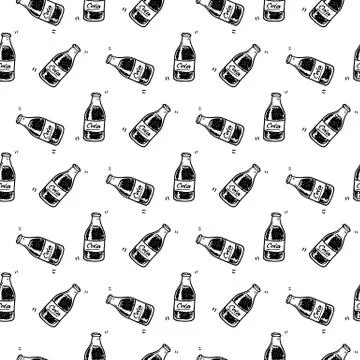 Seamless pattern hand drawn cola bottle. Doodle black sketch. Sign symbol. De Stock Illustration
