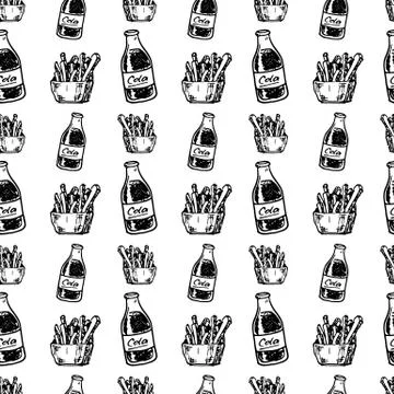 Seamless pattern hand drawn cola and French fries doodle. Sketch food and dri Stock Illustration