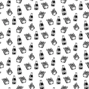 Seamless pattern hand drawn cola and French fries doodle. Sketch food and dri Stock Illustration