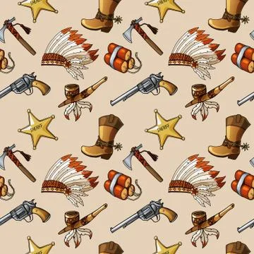 Seamless pattern with hand drawn colored Wild West elements. 스톡 일러스트