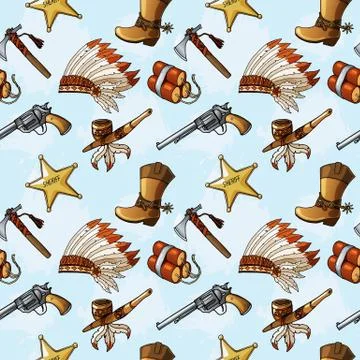 Seamless pattern with hand drawn colored Wild West elements. イラスト素材