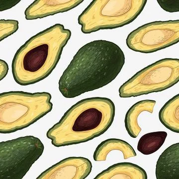 Seamless pattern with hand drawn colorful engraved avocado isolated on white Stock Illustration