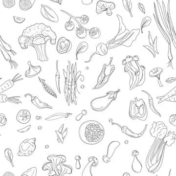 Seamless pattern with hand drawn colorful doodle vegetables. Sketch style vector Stock Illustration