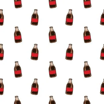 Seamless pattern hand drawn colorful cola bottle. Doodle black sketch. Sign s Stock Illustration