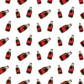 Seamless pattern hand drawn colorful cola bottle. Doodle black sketch. Sign s Stock Illustration