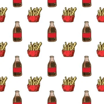 Seamless pattern hand drawn colorful cola and French fries. Doodle black sket Stock Illustration