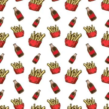 Seamless pattern hand drawn colorful cola and French fries. Doodle black sket Stock Illustration