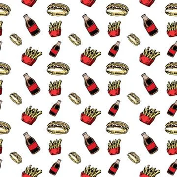 Seamless pattern hand drawn colorful Cola and French fries and Hot Dog. Doodl Stock Illustration