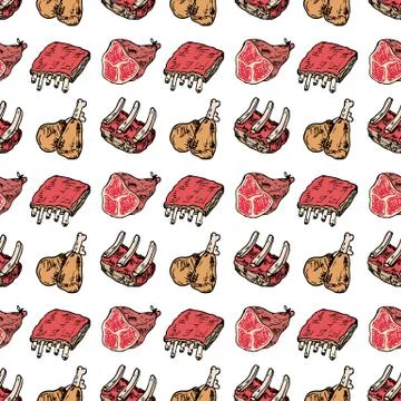 Seamless pattern hand drawn colorful beef steak, pork ham, lamb rib, minced c Illustrazione stock
