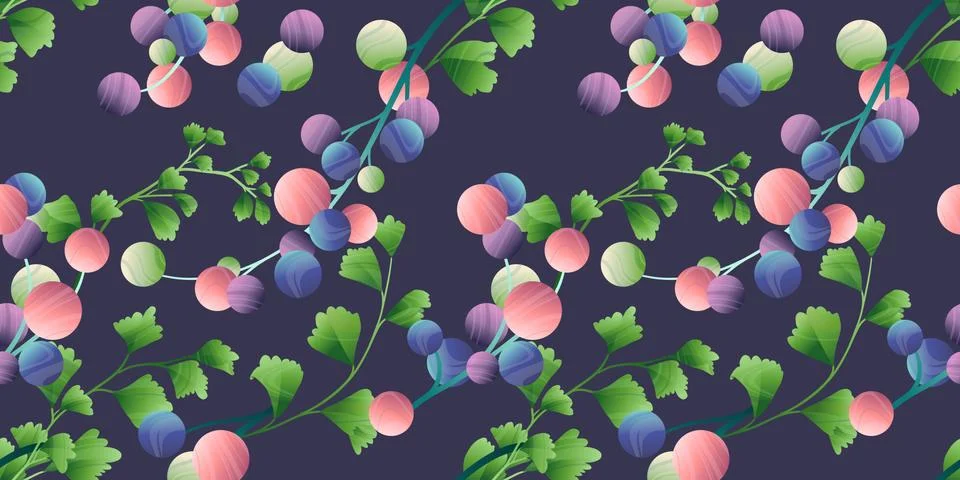 Seamless pattern, hand drawn colorful grape and Adiantum fern leaf Stock Illustration