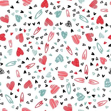 Seamless pattern with hand-drawn colorful doodle hearts in pink, red and blue Stock Illustration