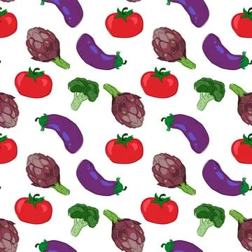 Seamless pattern with hand drawn colorful vegetables. Flat icons: broccoli,.. Illustrazione stock