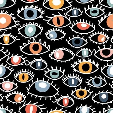 Seamless pattern with hand drawn colorful eyes. Fashion style. Stylish back.. Stock Illustration