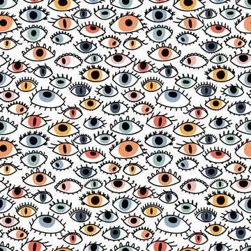 Seamless pattern with hand drawn colorful eyes. Fashion style. Evil eye, ma.. Stock Illustration