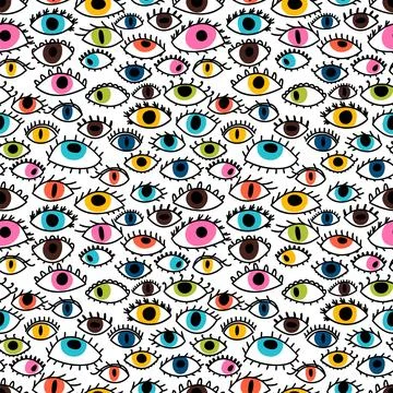 Seamless pattern with hand drawn colorful eyes. Fashion style. Stylish back.. Stock Illustration