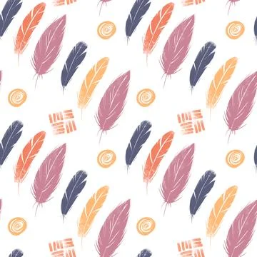 Seamless pattern of hand drawn colorful feathers Stock Illustration