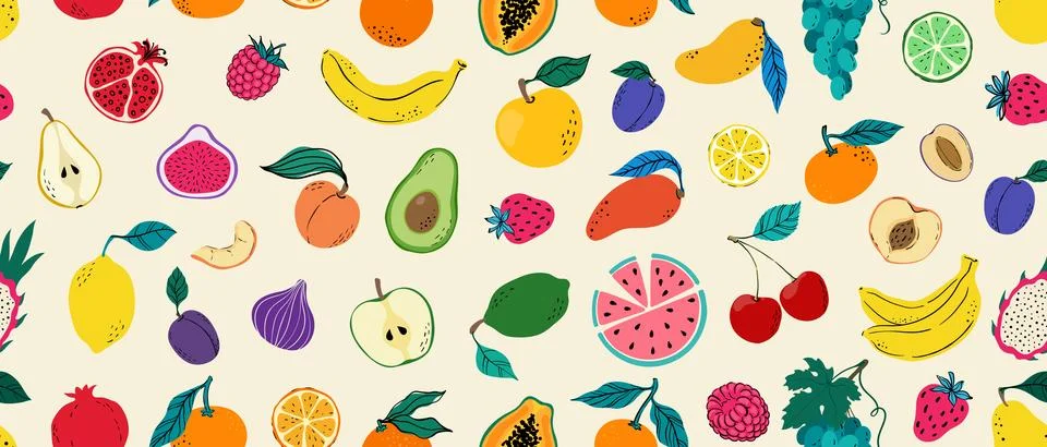 Seamless pattern of Hand drawn colorful doodle fruits and berries. Trendy abs Stockillustratie