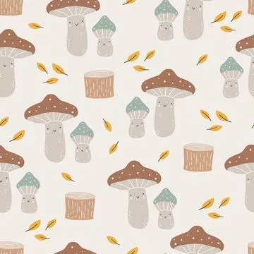 Seamless pattern with hand drawn colourful mushrooms. Autumn cute digital paper イラスト素材