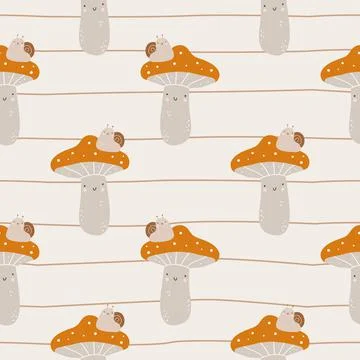 Seamless pattern with hand drawn colourful mushrooms and snail. Autumn cute イラスト素材
