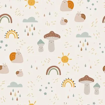 Seamless pattern with hand drawn colourful mushrooms and snail. Autumn cute イラスト素材