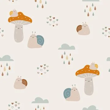 Seamless pattern with hand drawn colourful mushrooms and snail. Autumn cute イラスト素材