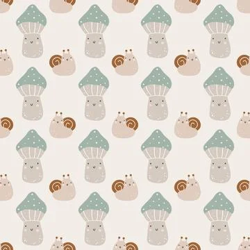 Seamless pattern with hand drawn colourful mushrooms and snail. Autumn cute イラスト素材