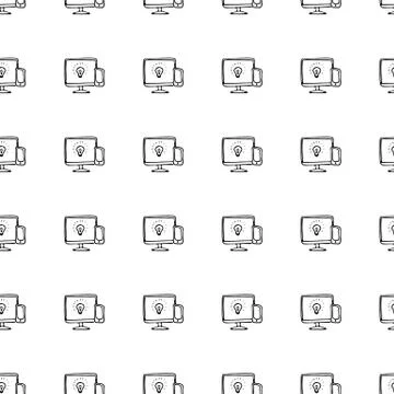Seamless pattern hand drawn computer screen and lamp. Doodle black sketch. Si Stock Illustration