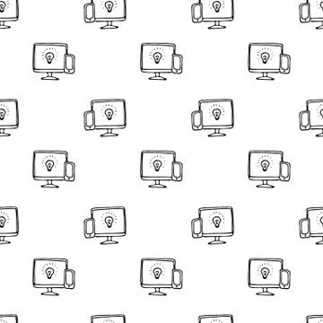 Seamless pattern hand drawn computer screen and lamp. Doodle black sketch. Si イラスト素材
