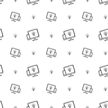Seamless pattern hand drawn computer screen and lamp. Doodle black sketch. Si Stock Illustration