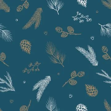 Seamless pattern with hand drawn cones, xmas tree. Christmas vector illustration Stock Illustration